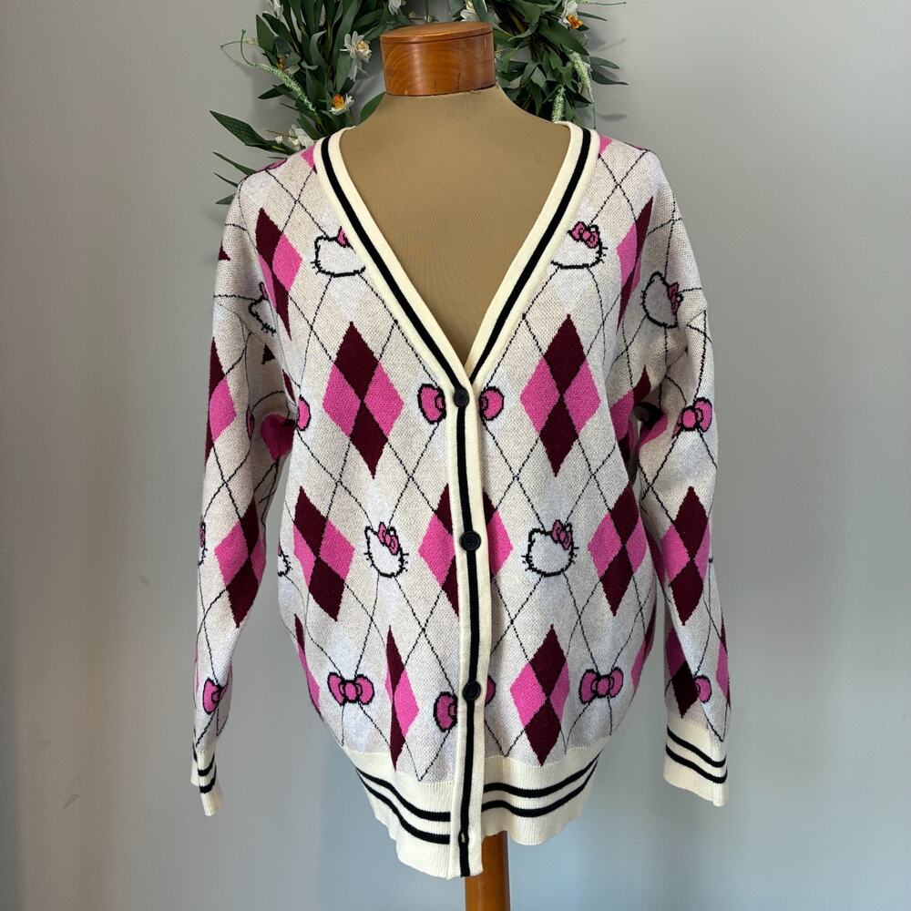 Hello Kitty Forever 21 Women's Cardigan Argyle Pink White, Size S